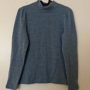 XS Blue Jacquard Puff-Sleeve Mockneck Top